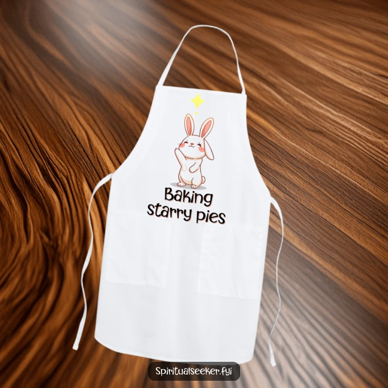 Funny hopeful rabbit apron, character reaching for a glowing constellation, adding celestial magic to cooking.