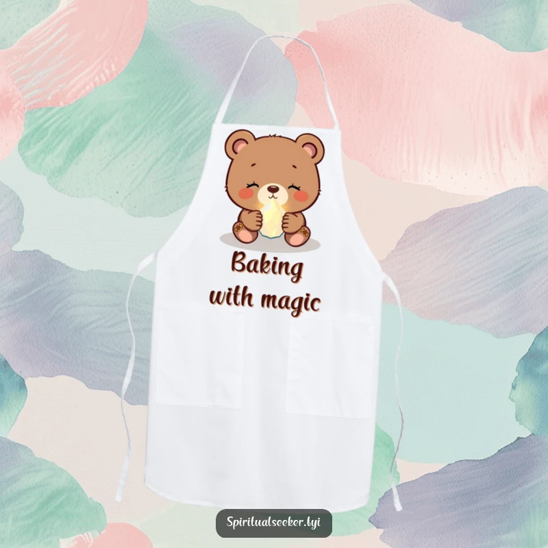 Funny bear cub apron featuring a peaceful cub holding a tiny, glowing crystal, a humorous kitchen accessory.