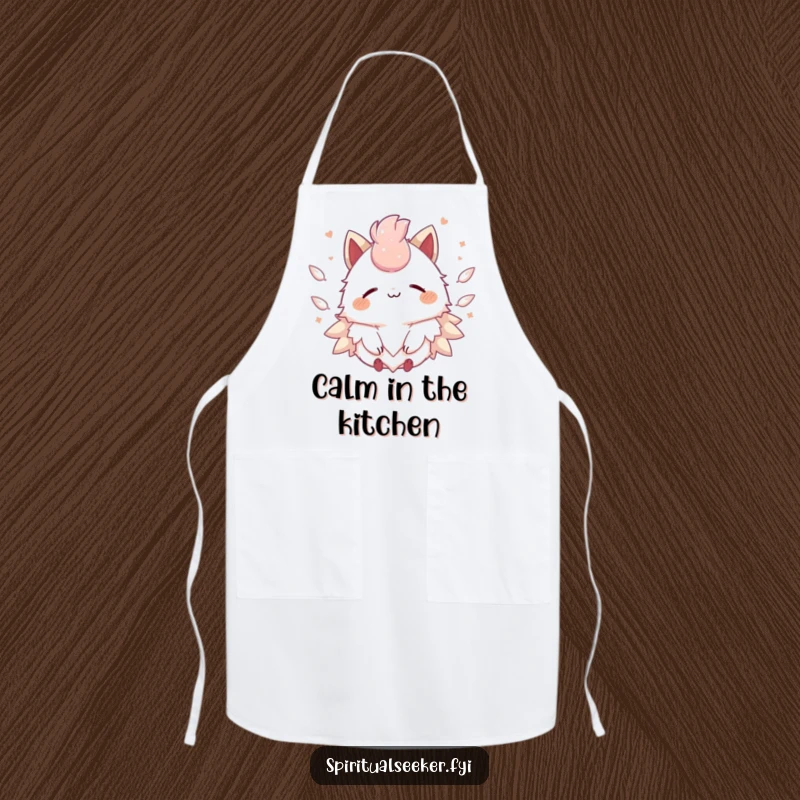 Funny Kawaii creature apron showing a peaceful smile and floating feathers, perfect for serene kitchen tasks.