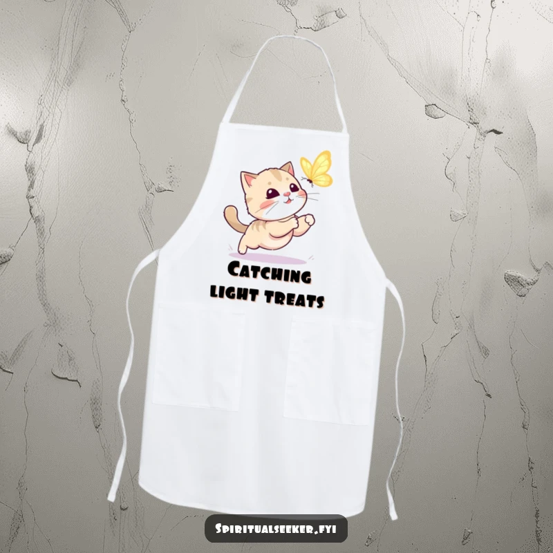 Funny kawaii cat apron showing a cute cat in a playful pursuit of a glowing butterfly, ideal for a humorous cooking experience.