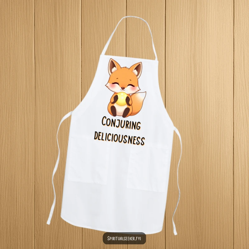 Funny Apron: A kawaii fox holding a glowing orb, adding a touch of magic to kitchen duties.
