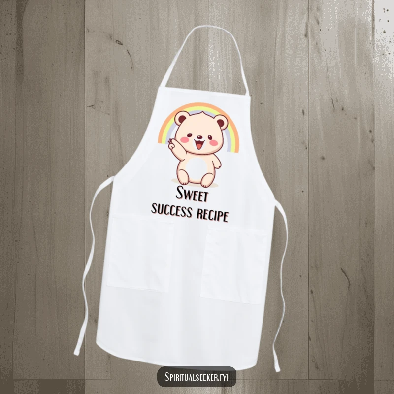 Funny apron: A beaming bear indicates a vibrant rainbow, bringing smiles to the kitchen.