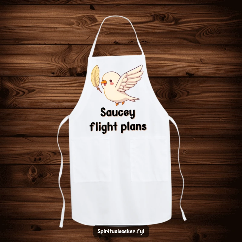 Funny bird apron featuring a joyful bird soaring with a shimmering feather, a humorous kitchen accessory.