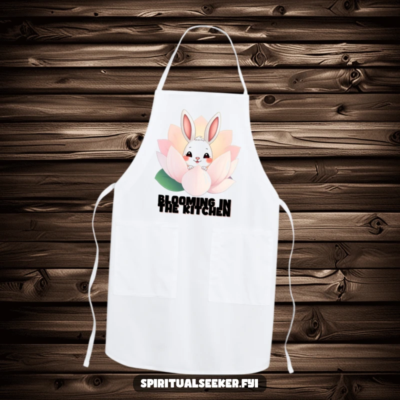 Funny Bunny Apron: A humorous rabbit peeking from a lotus flower, adding charm and fun to kitchen activities.