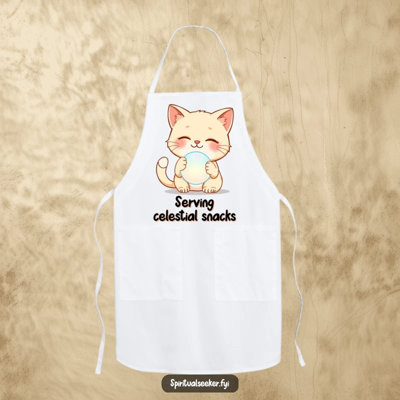 Funny cat apron showing a smiling cat playfully patting a floating ethereal orb, a humorous kitchen accessory.