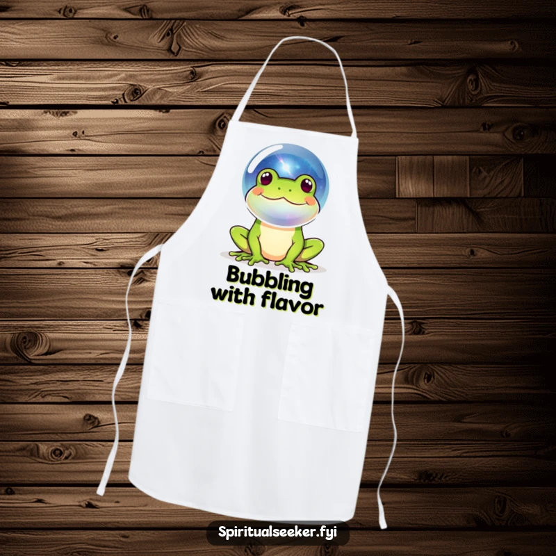 Funny chef frog apron with a happy amphibian blowing a galaxy bubble, ideal for kitchen fun and a sprinkle of cosmic humor.
