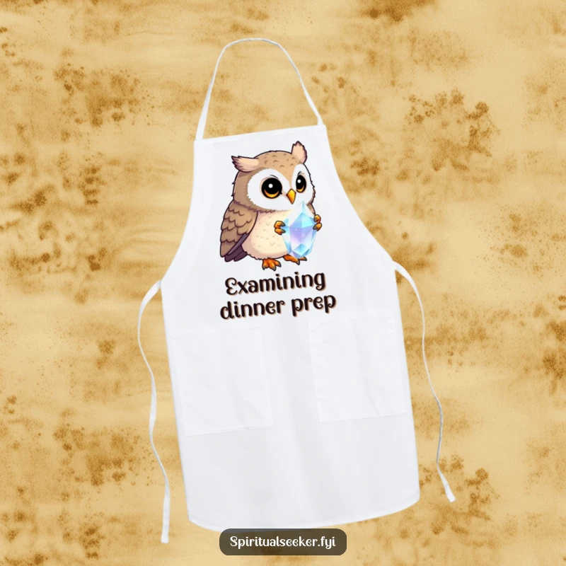 Funny curious owl apron, depicting an owl studying a crystal, suitable for kitchen tasks with a side of wizardly humor.