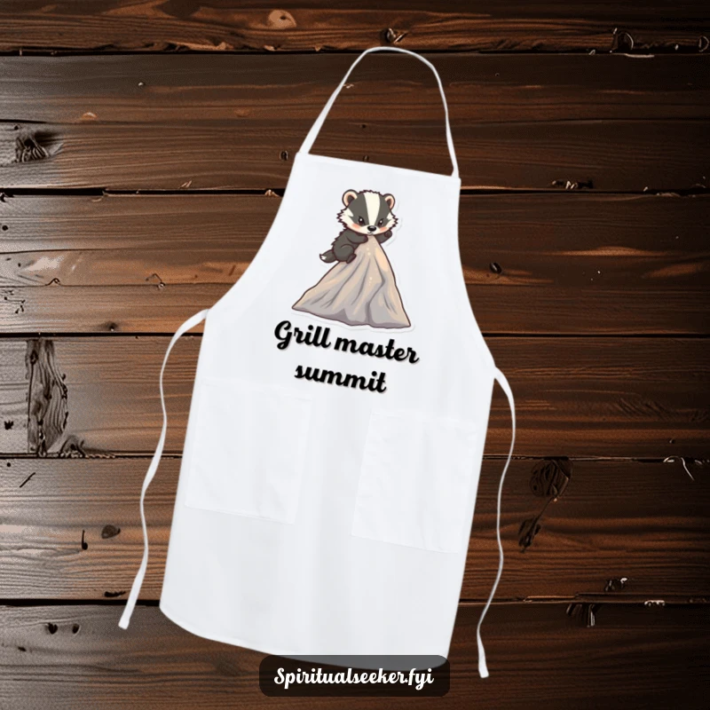 Funny determined badger apron with a character climbing a small, sparkling mountain peak, ideal for ambitious and humorous cooking.