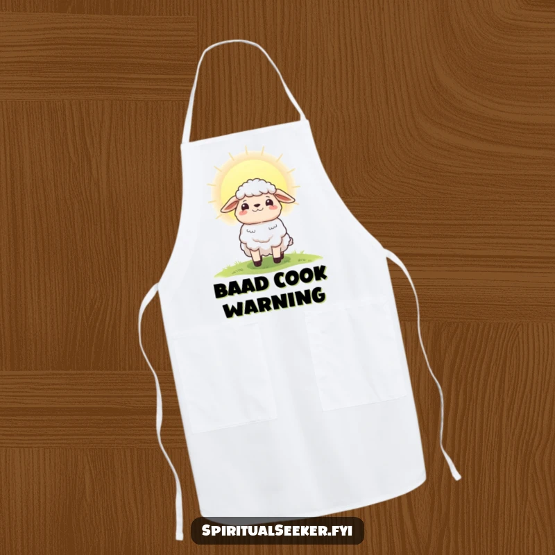 Funny kitchen apron featuring a hopeful sheep character looking at a radiant dawn, great for cooking with cheer.