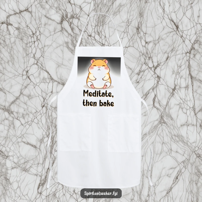 Funny meditating hamster apron, glowing with peaceful energy, ready for kitchen duty. A humorous and practical item for cooks.