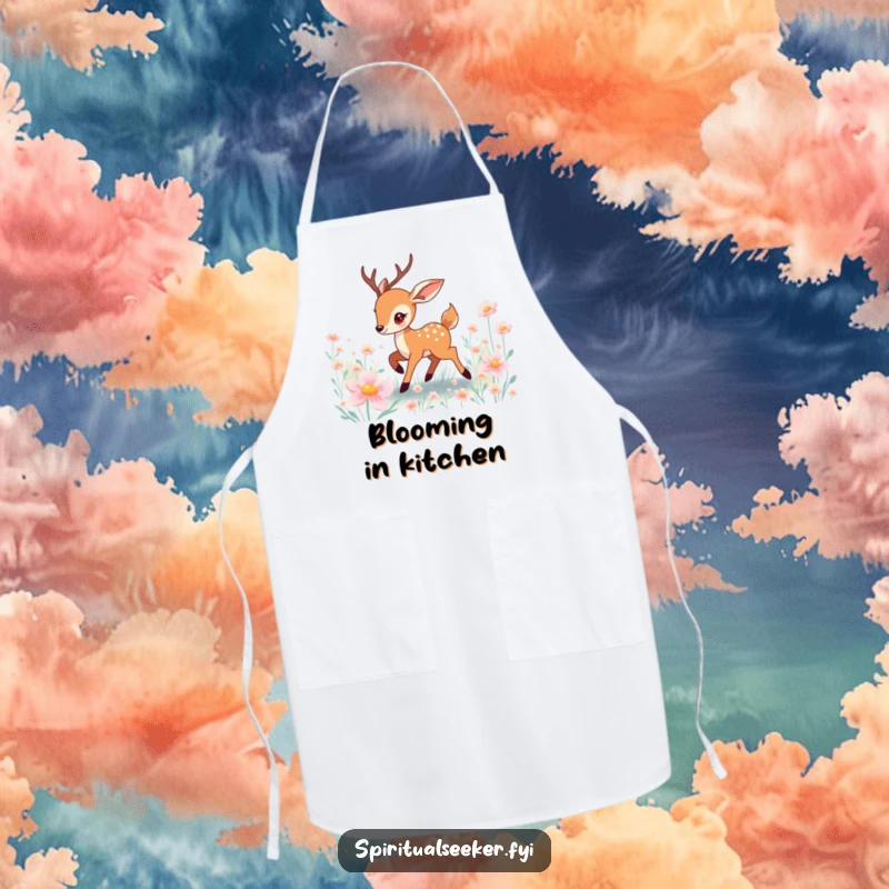 Funny deer apron showing a playful character prancing through a field of glowing, enchanting flowers.