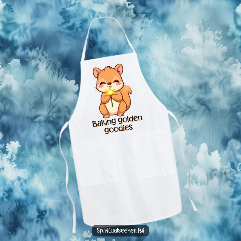 Funny squirrel apron featuring a cute squirrel holding a soft, golden ray, a humorous kitchen accessory.