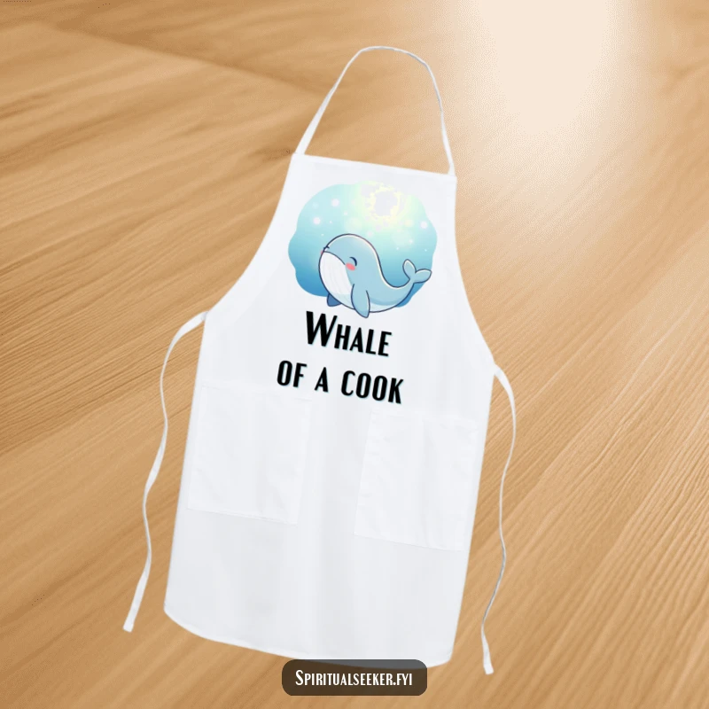 Funny whale apron showing a thoughtful whale absorbing a beautiful, magical underwater glow. Perfect for cooking fun.