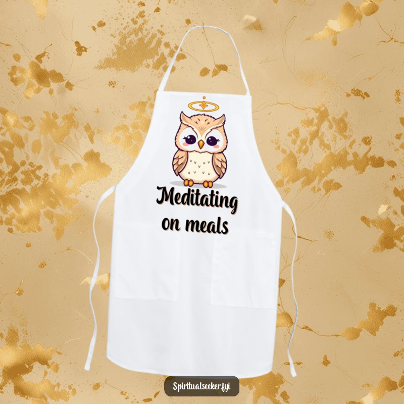 Funny kitchen apron with a wise, meditating owl wearing a halo, perfect for humorous cooking sessions.