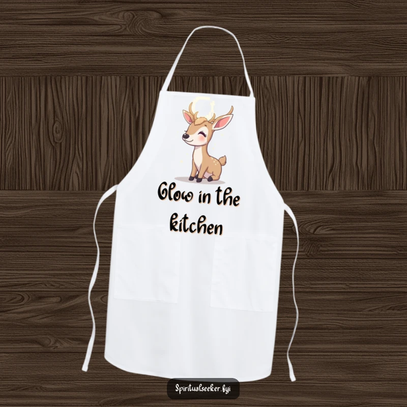 Funny contented deer apron, showing a peaceful deer gazing at a radiant light while cooking, bringing hopeful humor to the kitchen.