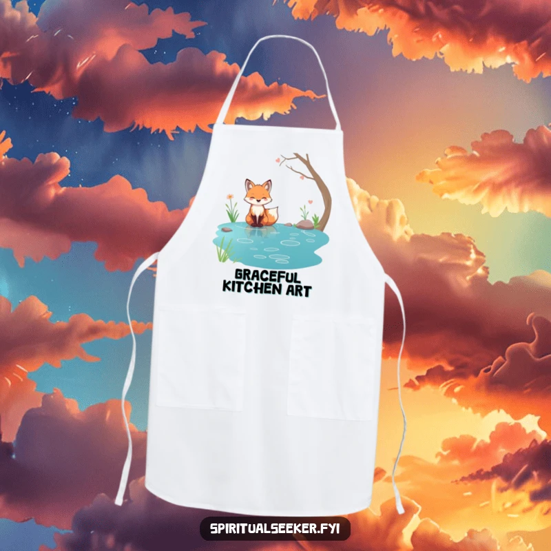 Funny tranquil fox apron, character by a serene stream, bringing peace and nature to the kitchen.