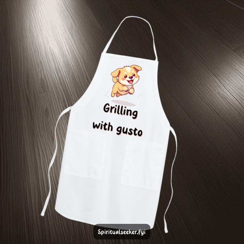 Funny kitchen apron with a playful dog chasing a shimmering ethereal light, perfect for happy cooking.