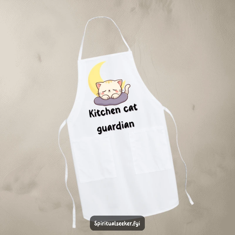 Funny cat apron featuring a contented cat basking in the soft glow of a crescent moon. Great for baking.