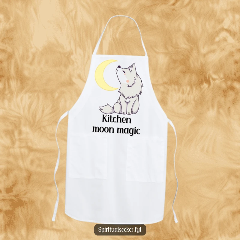 Funny apron showcasing a serene wolf howling softly at a crescent moon, ideal for adding a touch of mystery to cooking.