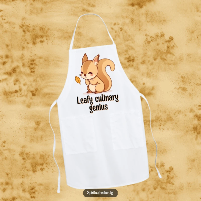 Funny apron showing a kawaii squirrel in deep thought over a falling leaf, perfect for humorous kitchen activities and gifting.
