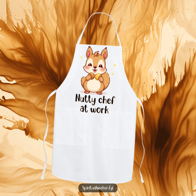 Funny apron with a cheerful squirrel character sharing glowing nuts, designed for kitchen fun and foodie humor.