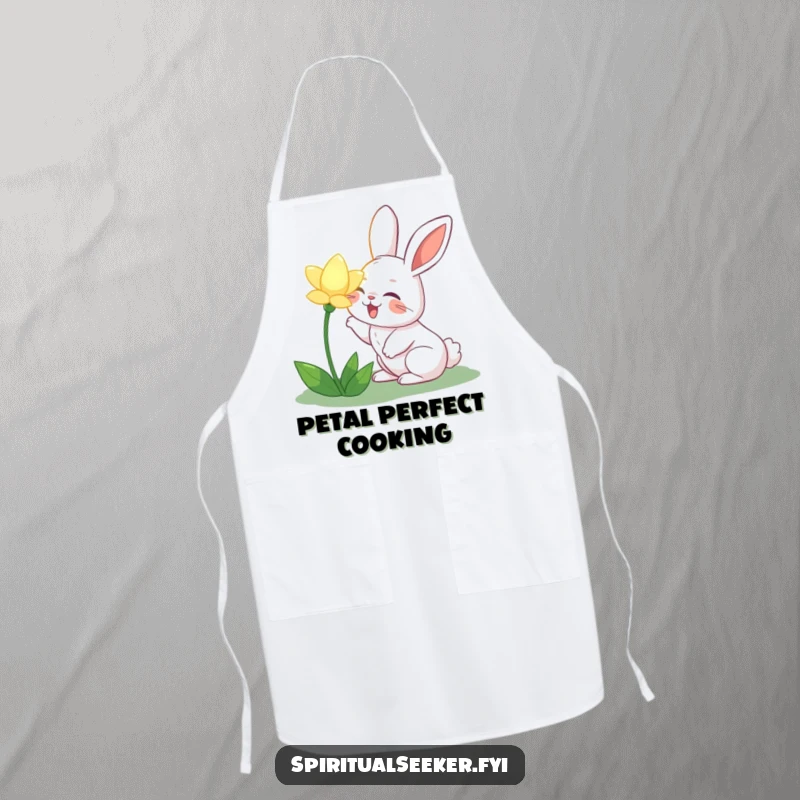 Funny joyful rabbit apron, showing a rabbit sniffing a glowing flower, suitable for kitchen tasks with a touch of garden humor.