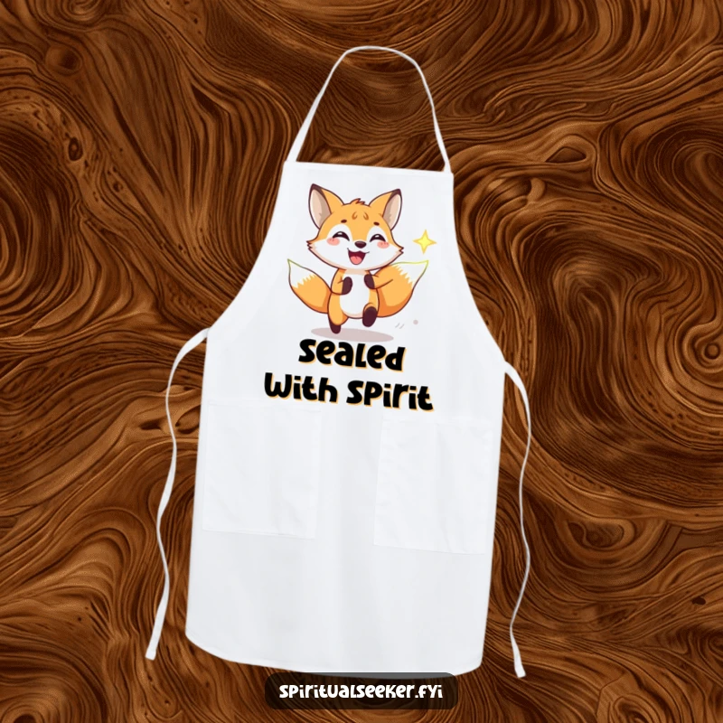Funny apron showing a playful fox chasing a luminous spiritual symbol, a humorous and practical kitchen essential for chefs.
