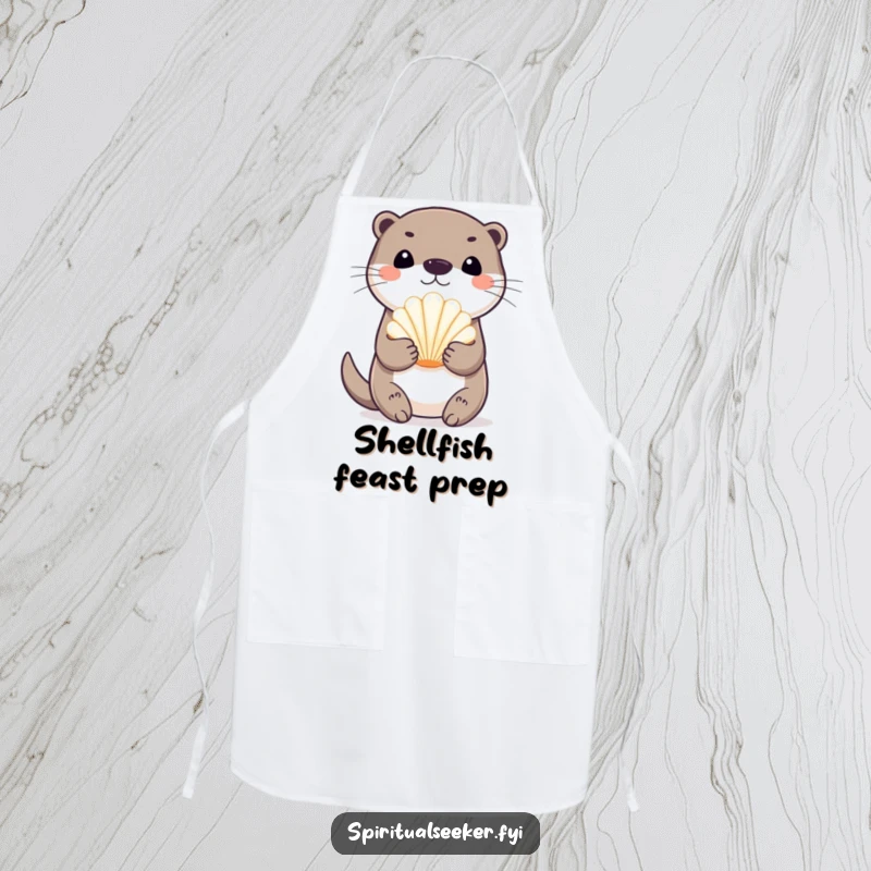 Funny playful otter apron, showing an otter holding a seashell, suitable for kitchen tasks with a touch of seaside humor.