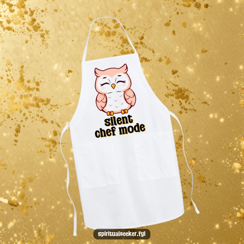 Funny meditating owl apron, peaceful smiling character, ideal for cooking with a serene and calm attitude.