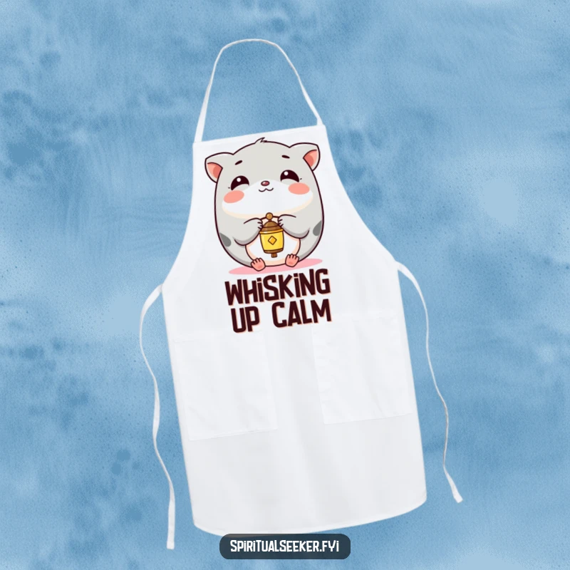 Funny Apron showcasing a serene Kawaii animal balancing a small chime, perfect for peaceful kitchen activities.