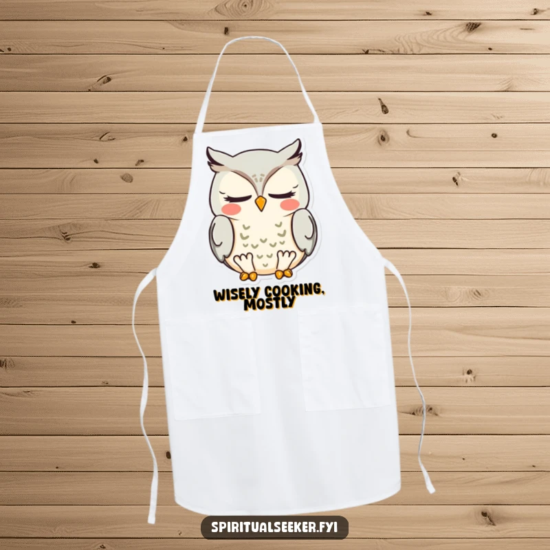 Funny meditating owl apron, showing a wise owl meditating while cooking, bringing peaceful humor to the kitchen.