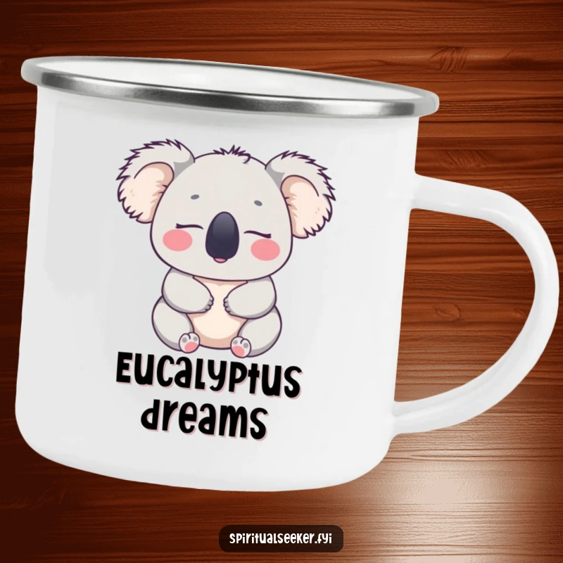 Funny enamel camping mug with a peaceful koala looking content, perfect for outdoor use and enjoying serene moments, a great funny gift.