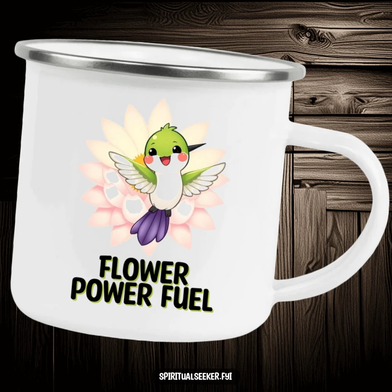 Funny camping mug with a happy hummingbird near a luminous lotus, perfect for serene outdoor enjoyment.