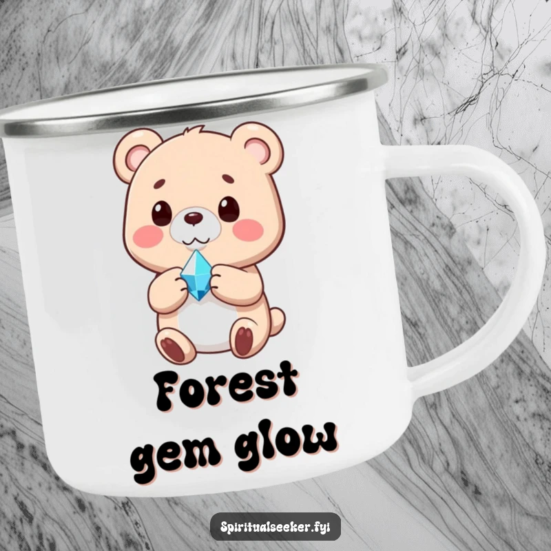 Funny camping mug with a peaceful bear holding a luminous crystal, ideal for serene outdoor enjoyment.