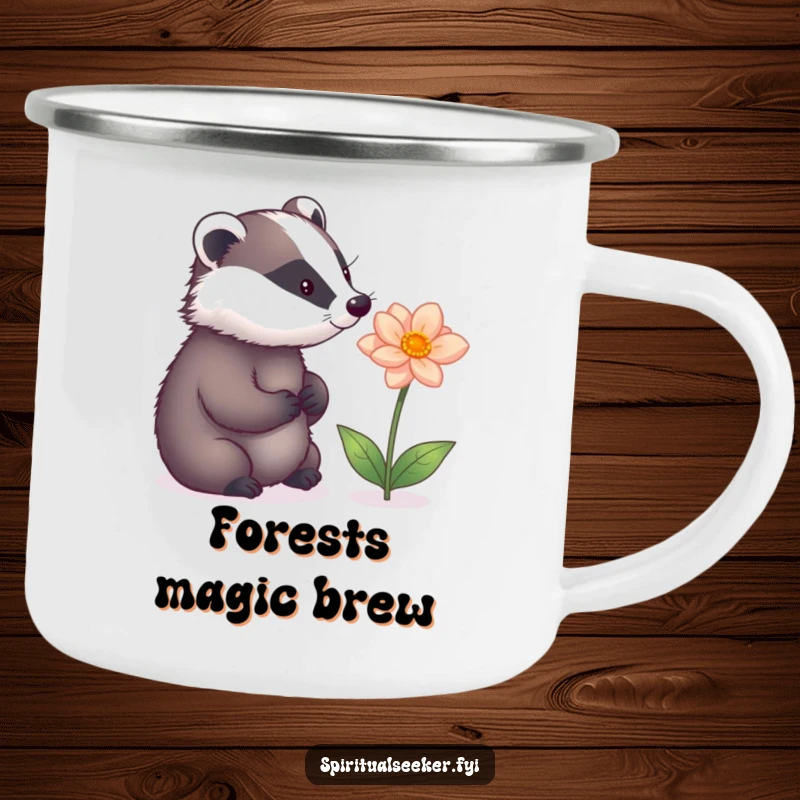 Funny camping mug featuring a thoughtful badger gazing at a magical flower, perfect for outdoor relaxation and whimsical moments.
