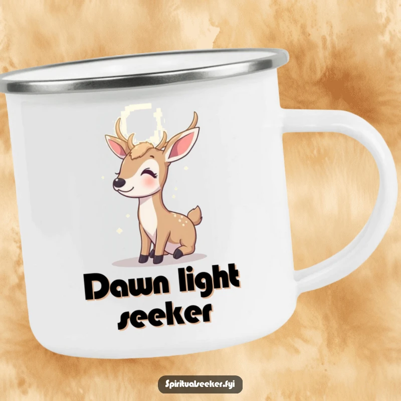 Funny contented deer camping mug, showing a peaceful deer gazing at a radiant light, perfect for outdoor drinks with hopeful humor.