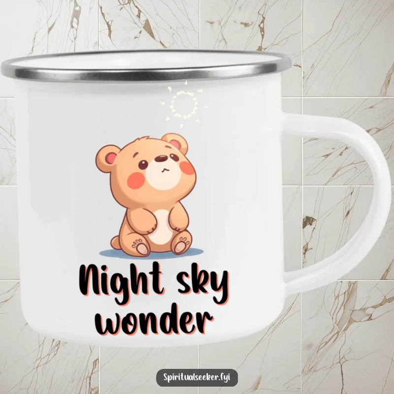 Funny curious bear camping mug, character looking at ethereal light, ideal for outdoor enthusiasts and adventurers.