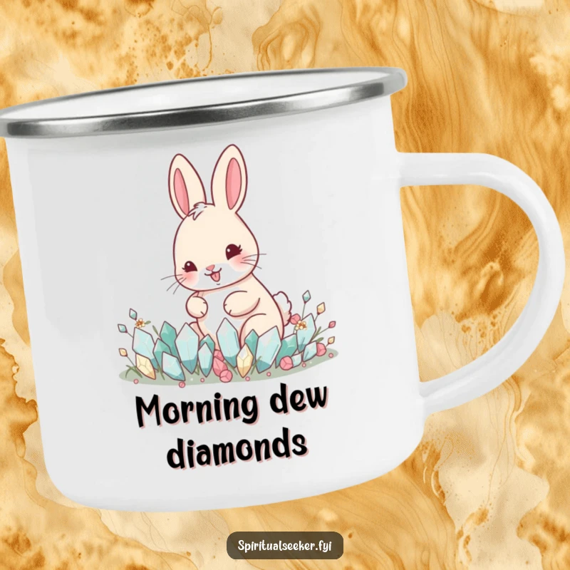 Funny enamel camping mug featuring a happy rabbit tending a garden of tiny crystals, perfect for outdoor magic.