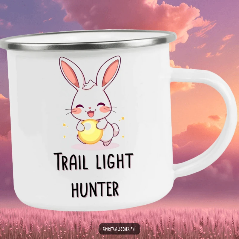 Funny joyful rabbit camping mug, showing a happy rabbit chasing a glowing orb, perfect for outdoor drinks with a humorous touch.