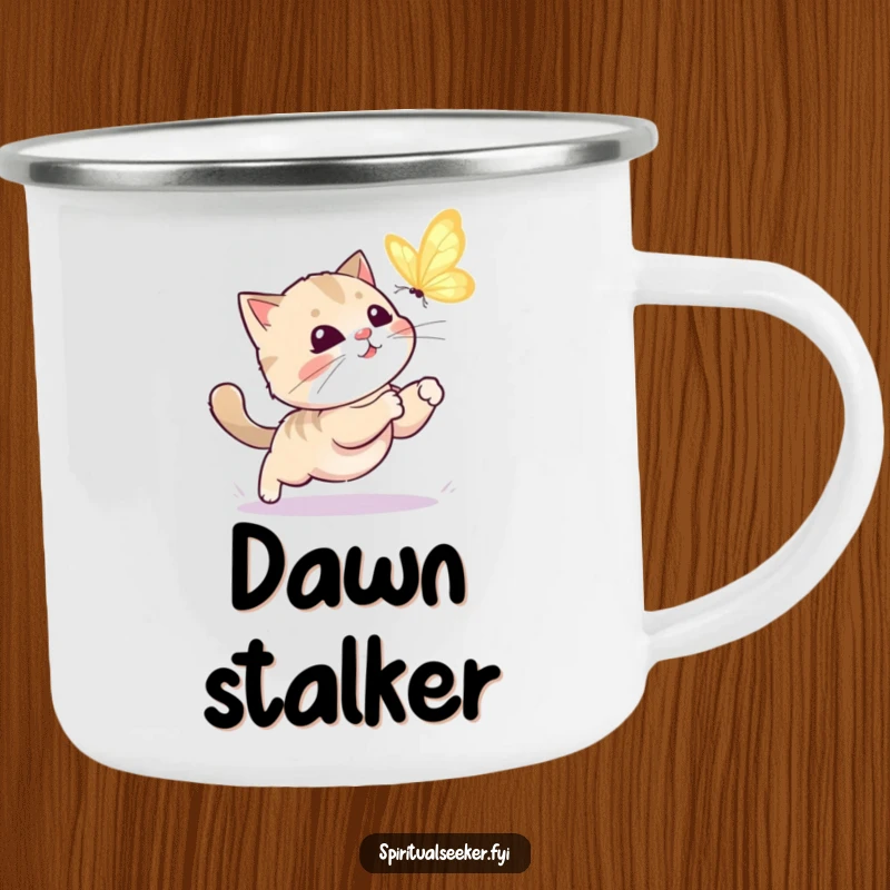 Funny kawaii cat camping mug with a playful cat chasing a butterfly, designed for outdoor fun and humorous enjoyment.