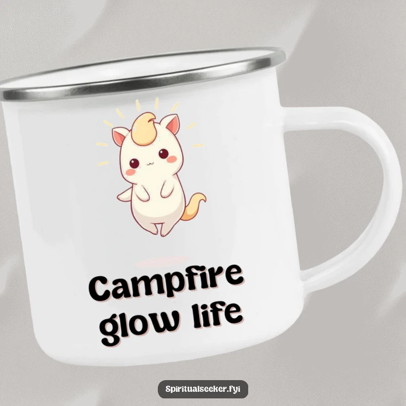 Funny Camping Mug with a cute Kawaii creature balancing and glowing, perfect for enjoying drinks during night adventures.