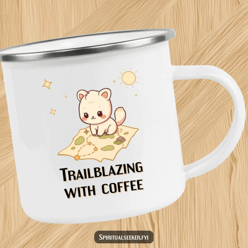Funny Kawaii animal camping mug showing a character tracing a path on a mystical map, perfect for outdoor exploration.