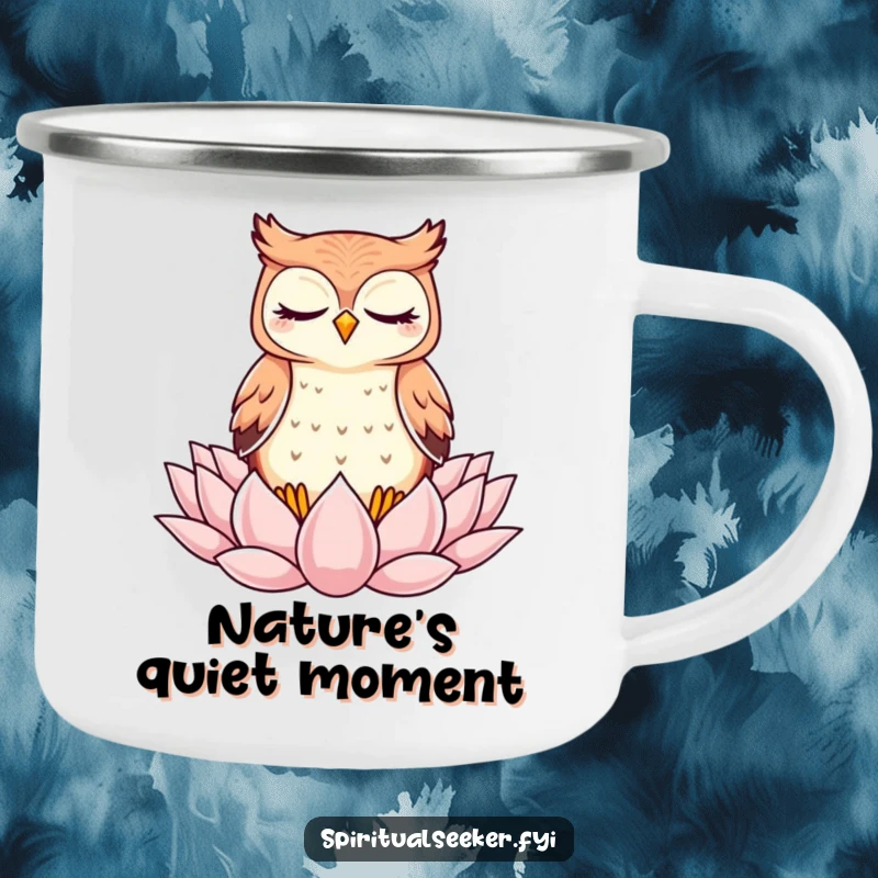 Funny Camping Mug: A kawaii owl meditating on a lotus, perfect for enjoying nature with peaceful vibes.