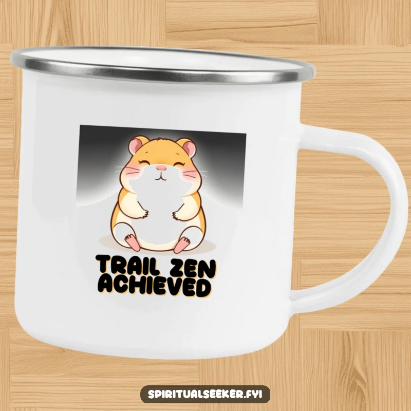 Funny meditating hamster camping mug with a soft glow, perfect for enjoying drinks outdoors with a side of humor.