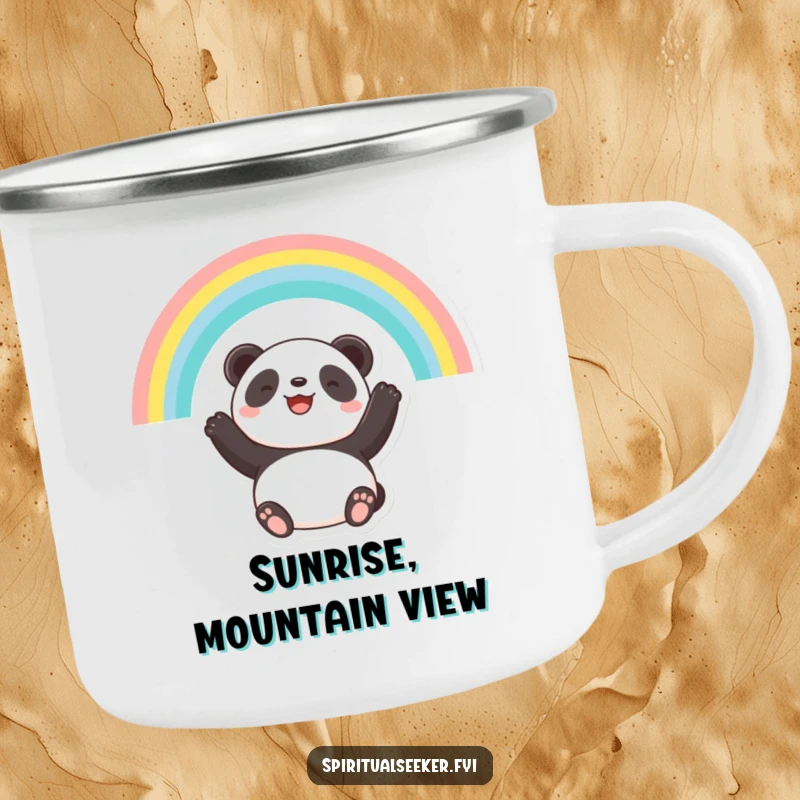 Funny camping mug with a smiling panda looking at a rainbow, perfect for enjoying drinks outdoors with a hopeful spirit.