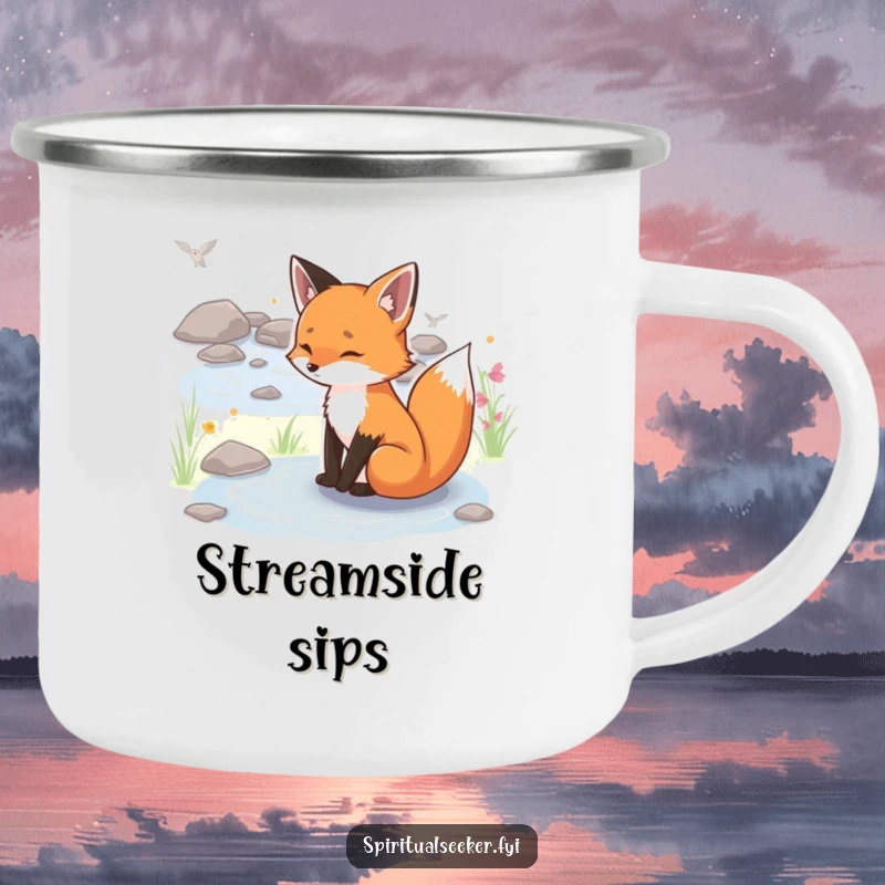 Funny serene fox camping mug, showing a peaceful fox by a stream, perfect for outdoor drinks with a touch of humor.