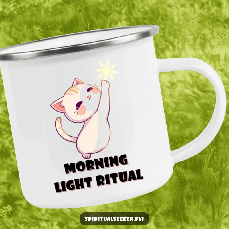 Funny cat camping mug of a serene character stretching gracefully towards a gentle beam of light.