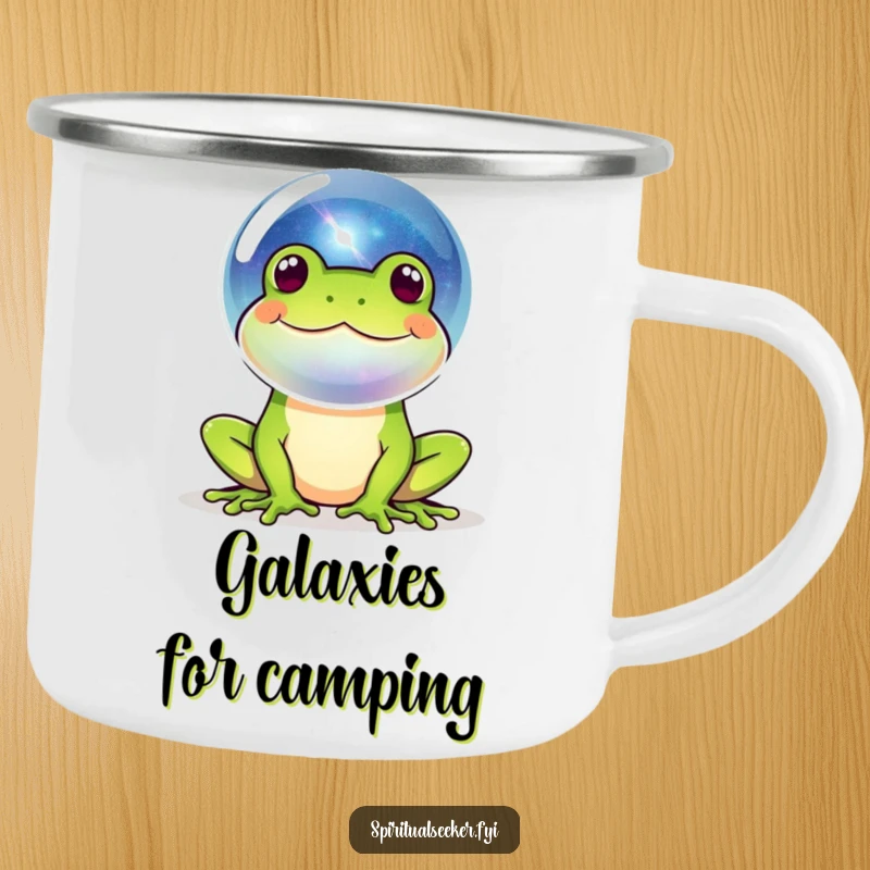 Funny camping mug with a happy frog blowing a galaxy bubble, perfect for outdoor enthusiasts who appreciate cosmic humor.