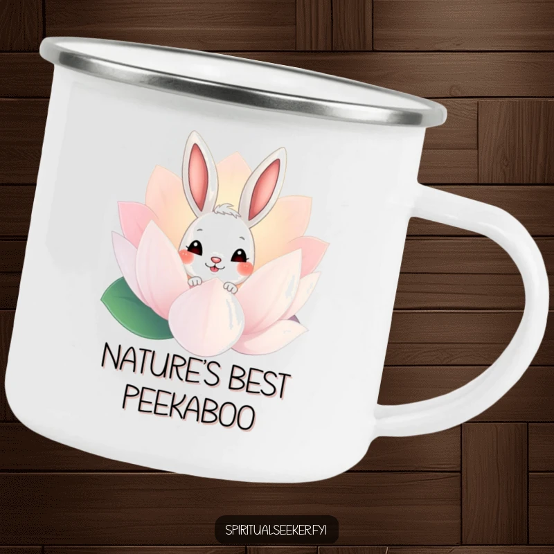 Funny Bunny Camping Mug: A curious rabbit peeking from a lotus, ideal for humorous outdoor beverage enjoyment.