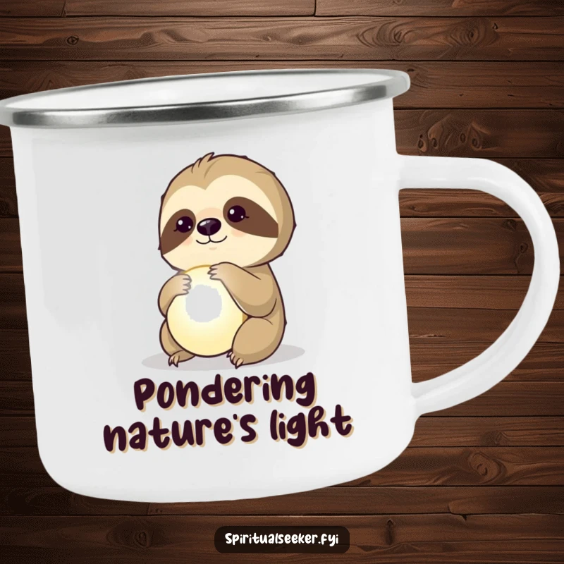 Funny camping mug with a pensive sloth observing a luminous orb, perfect for quiet outdoor contemplation.